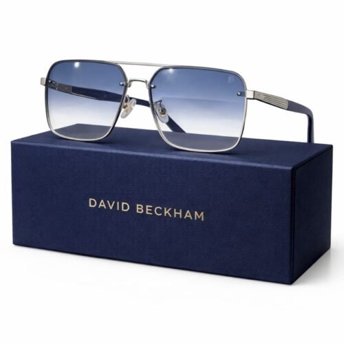 David Beckham Square Aviator Sunglasses – Silver Metal Frame with Blue Gradient Lenses