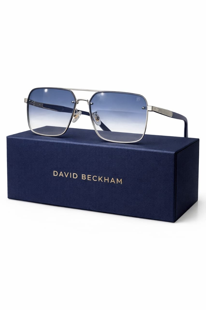 David Beckham Square Aviator Sunglasses – Silver Metal Frame with Blue Gradient Lenses